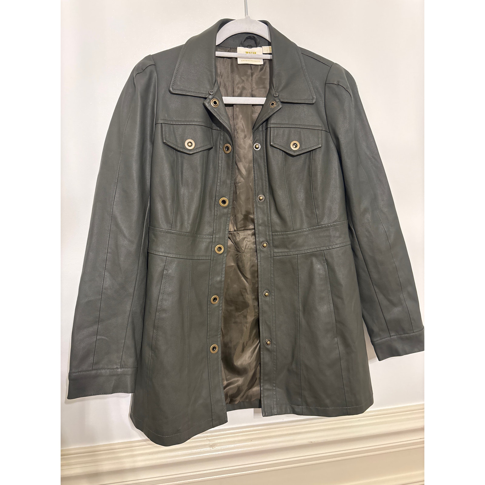 Maeve By Anthropologie Kellie Faux Leather Coat Gray Green Size 4